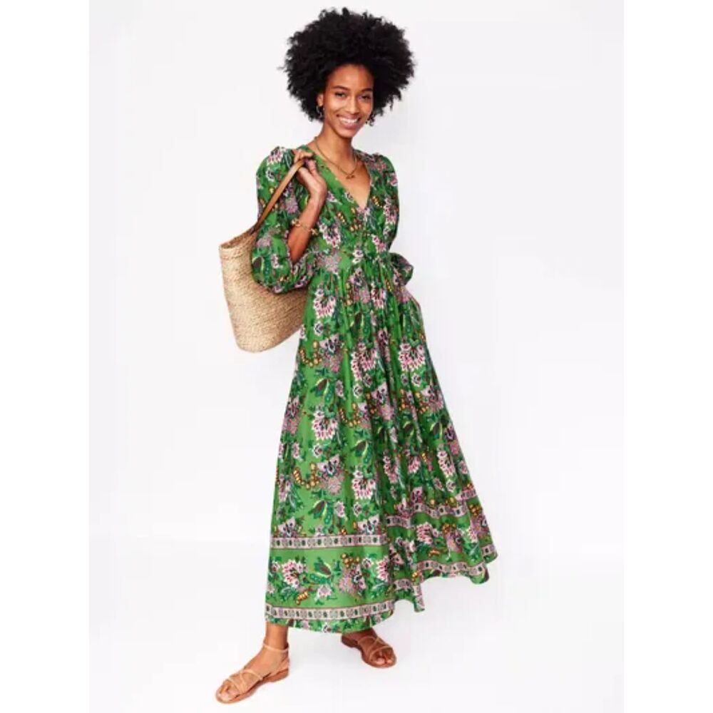 Boden Green Botanica Terrace Lola Blouson Maxi Dress 12 Petite Boho Granola